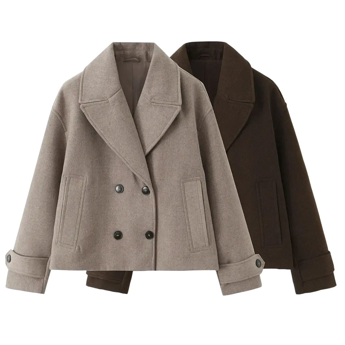 Beige women wool blend short coat with double-breasted design classic collar and dark buttons