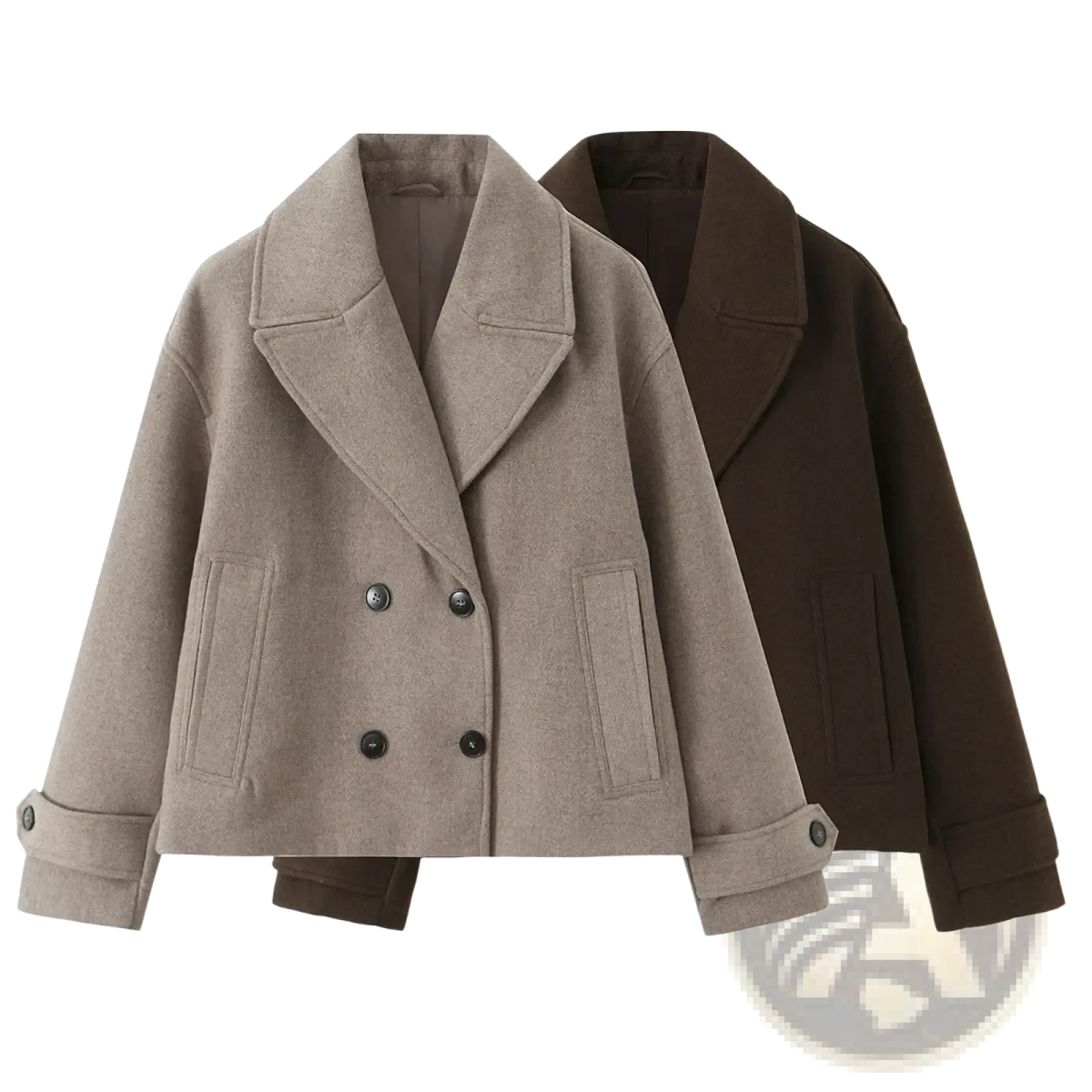 Beige women wool blend short coat with double-breasted design classic collar and dark buttons