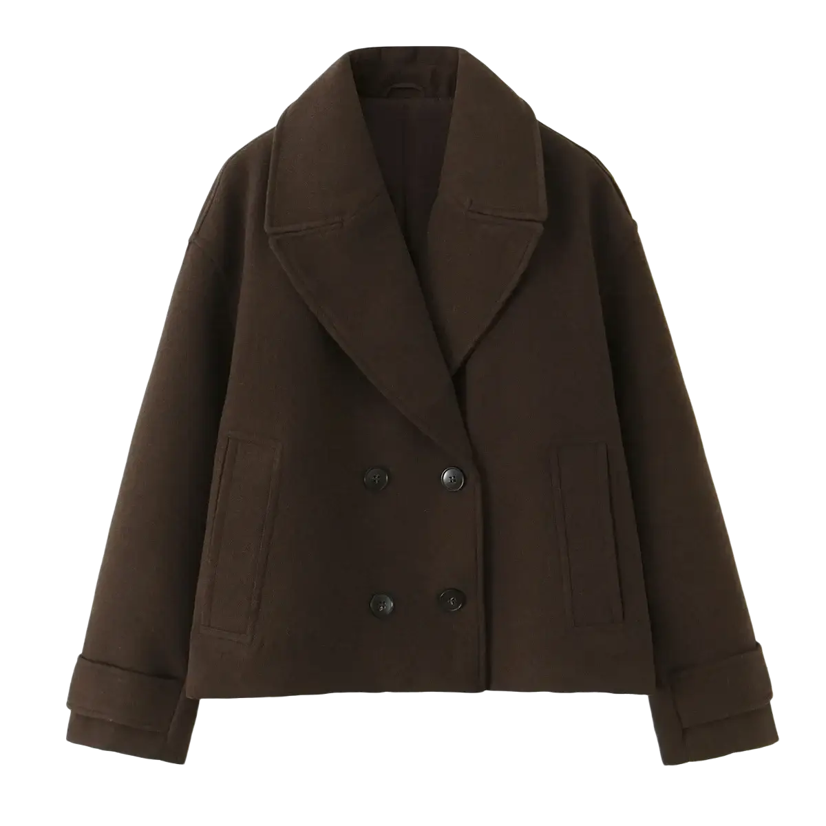 Women wool blend short coat in cozy brown wool with double-breasted front classic collar and buttoned cuffs