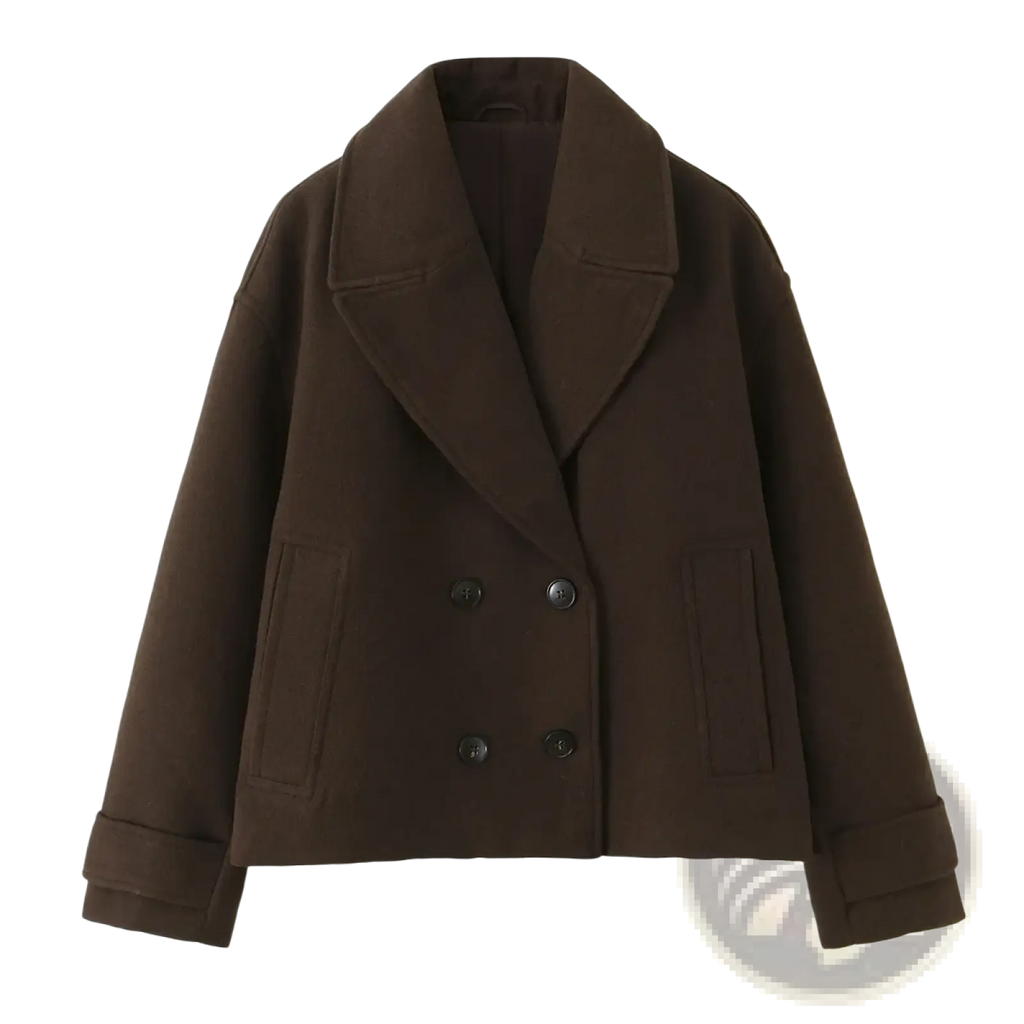 Women wool blend short coat in cozy brown wool with double-breasted front classic collar and buttoned cuffs