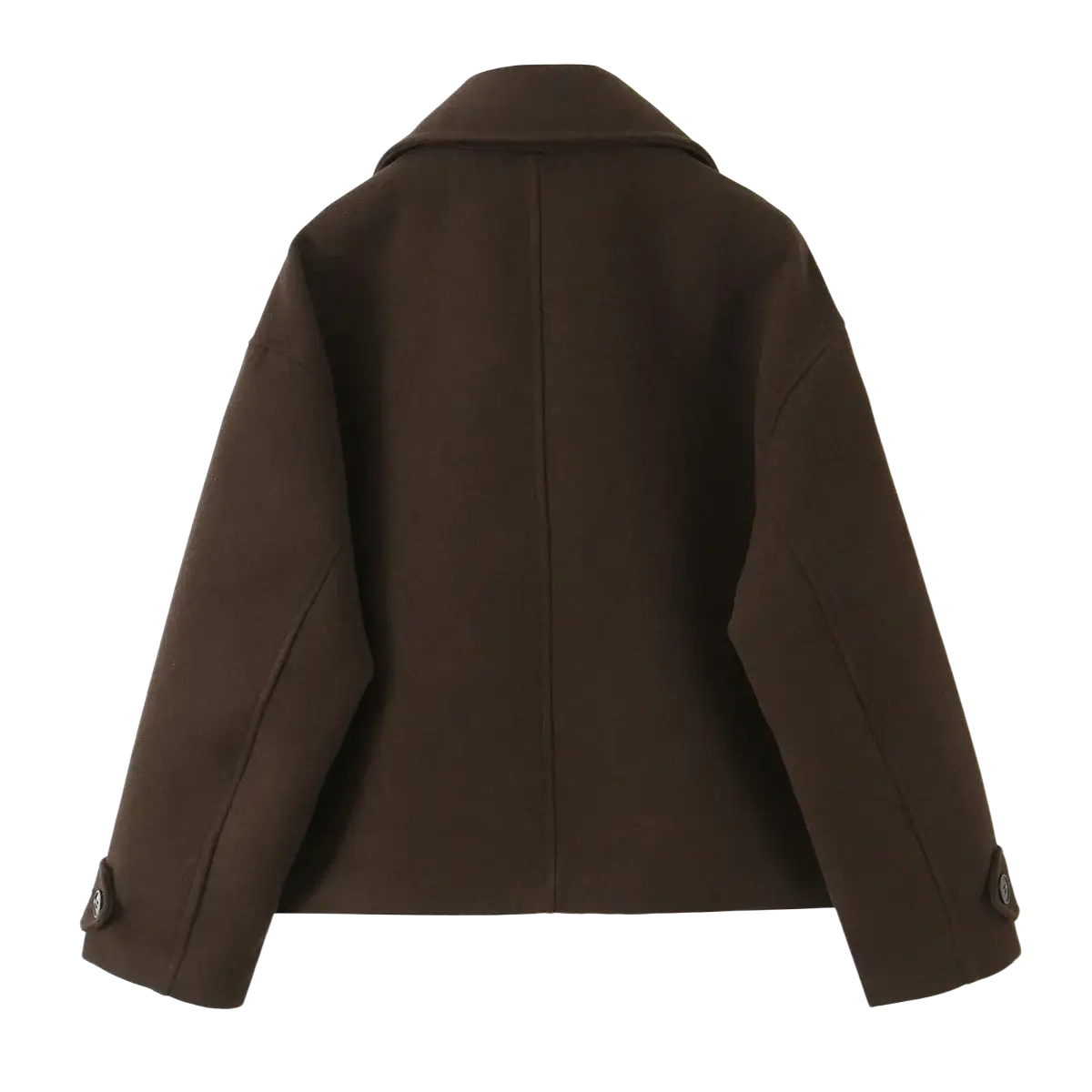 Women wool blend short coat in dark brown featuring a structured design with a notched collar and buttoned cuffs