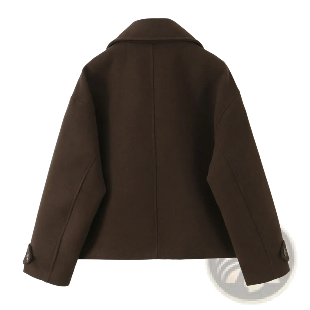 Women wool blend short coat in dark brown featuring a structured design with a notched collar and buttoned cuffs