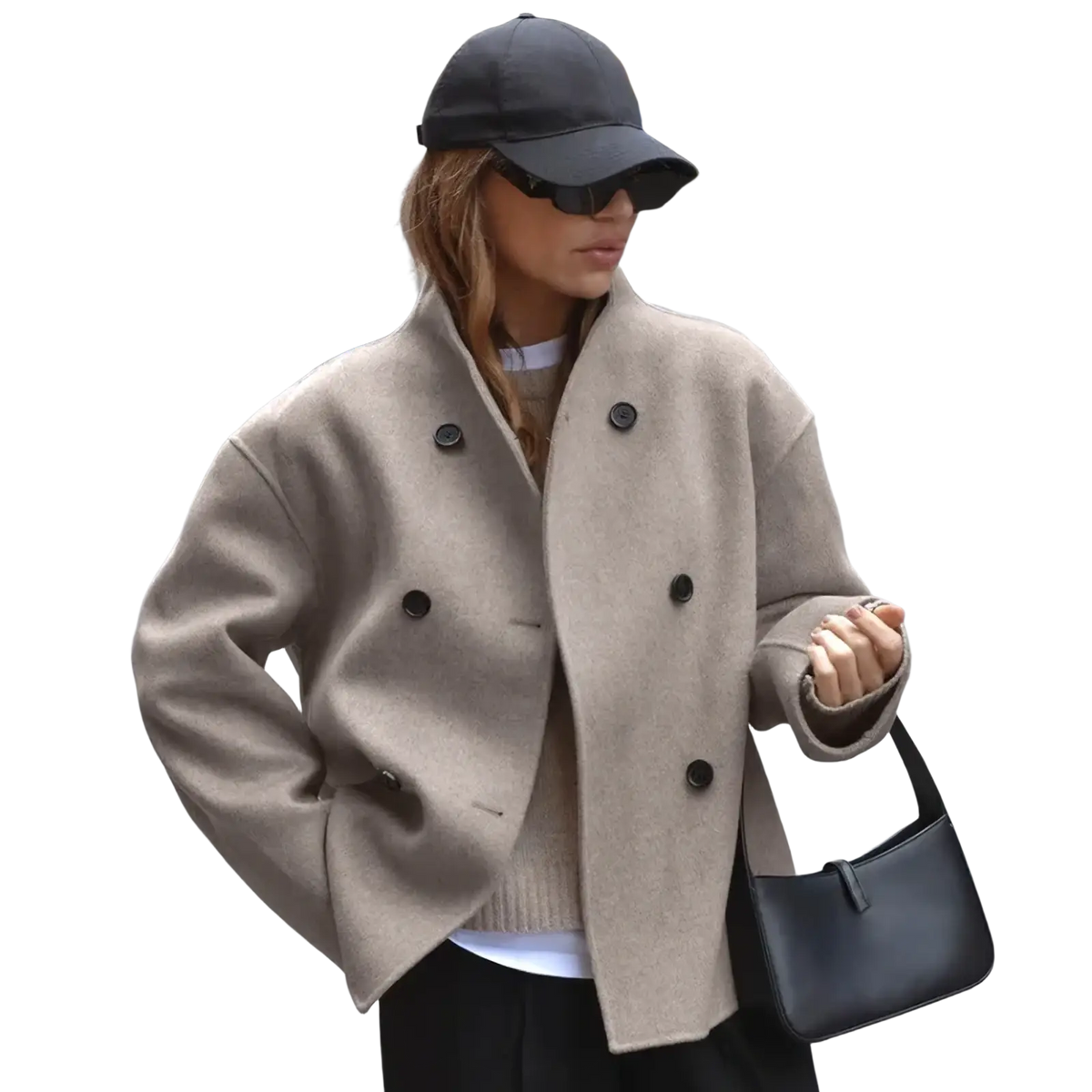 Beige wool women wool double breasted coat with black buttons featuring a classic double-breasted design