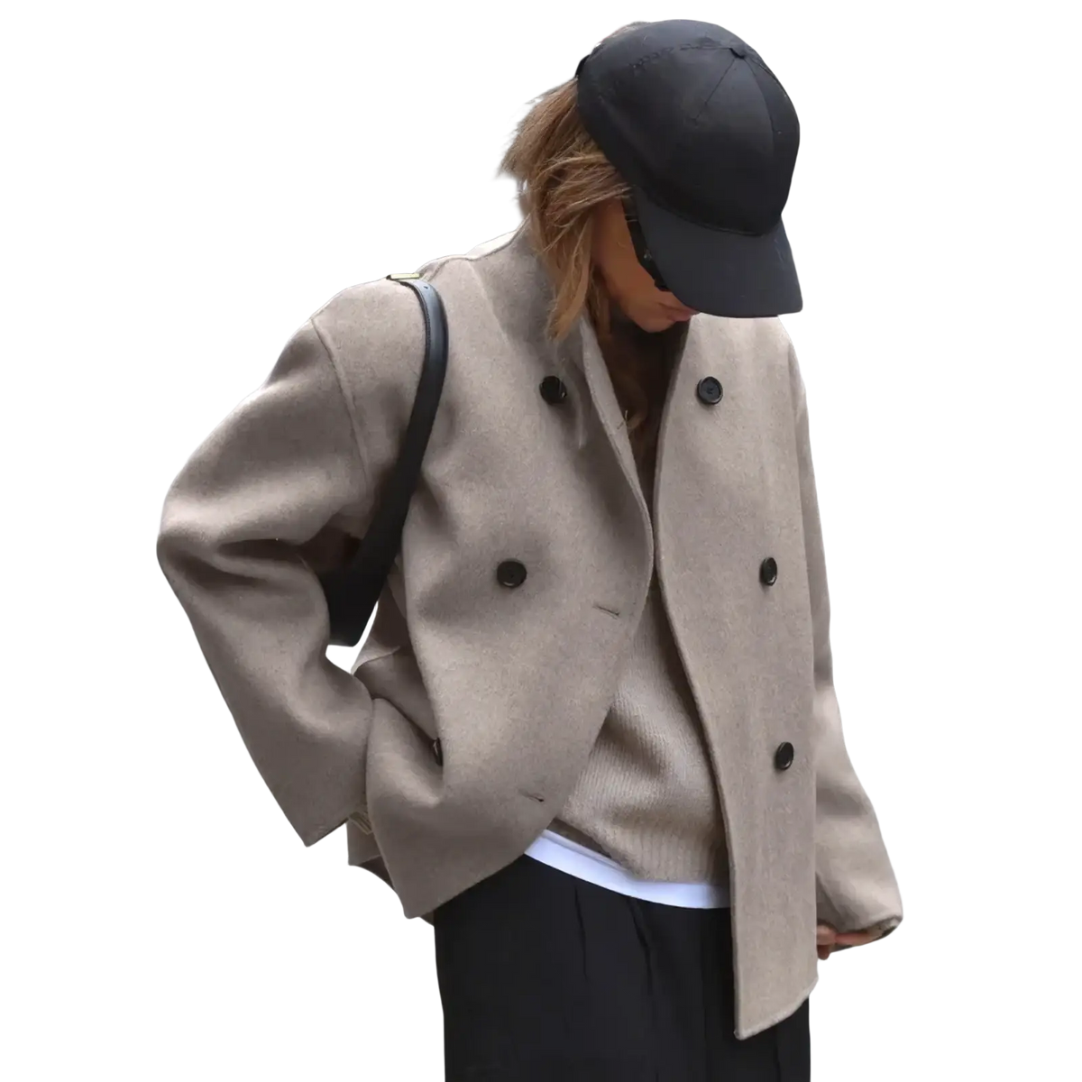 Beige women wool double breasted coat with black buttons featuring a classic tailored design