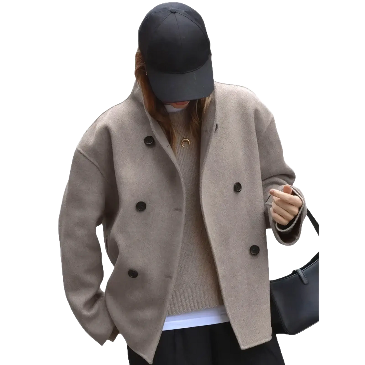 Beige women wool double breasted coat with black buttons showcasing elegant outerwear for cold weather