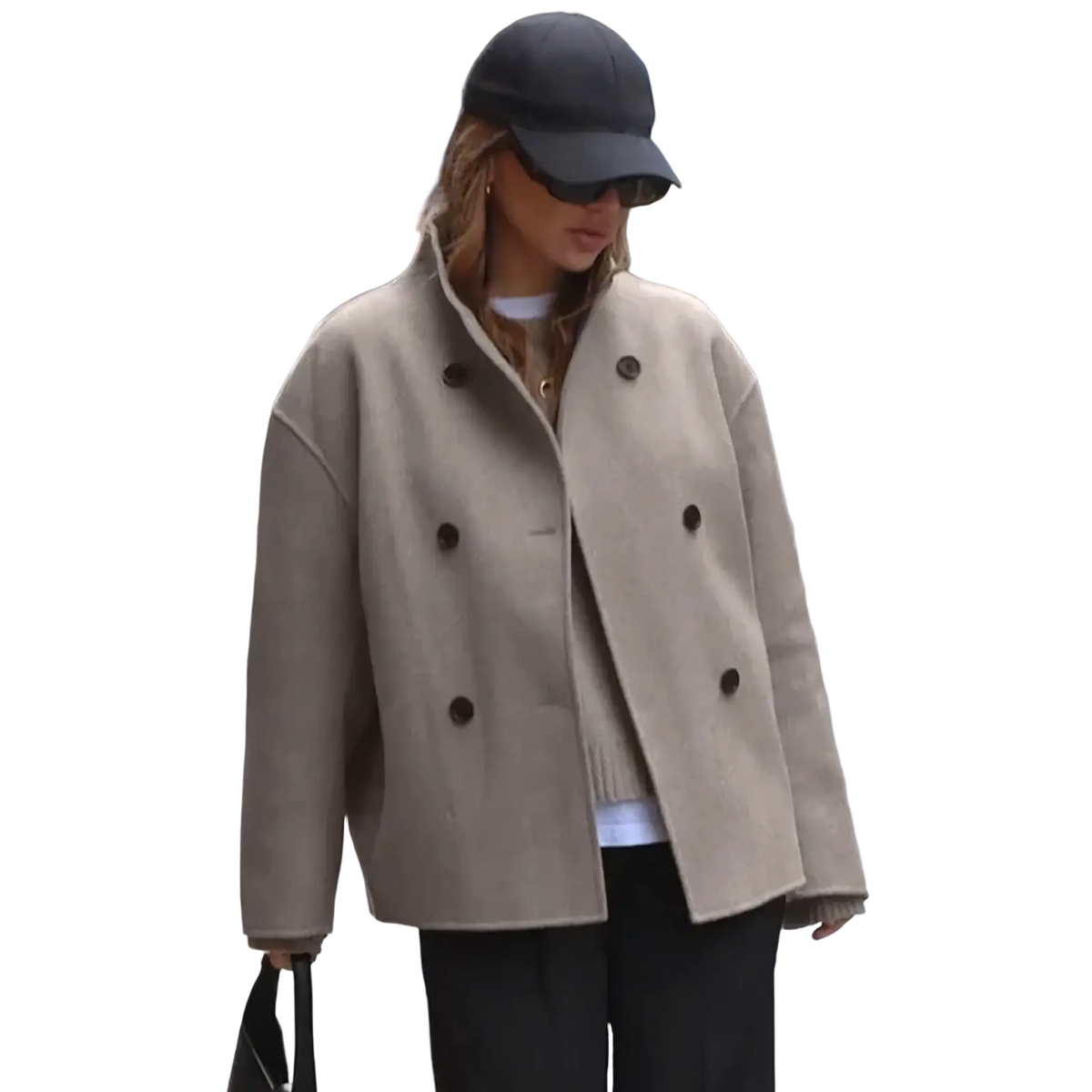 Beige women wool double breasted coat with dark brown buttons featuring a classic tailored design