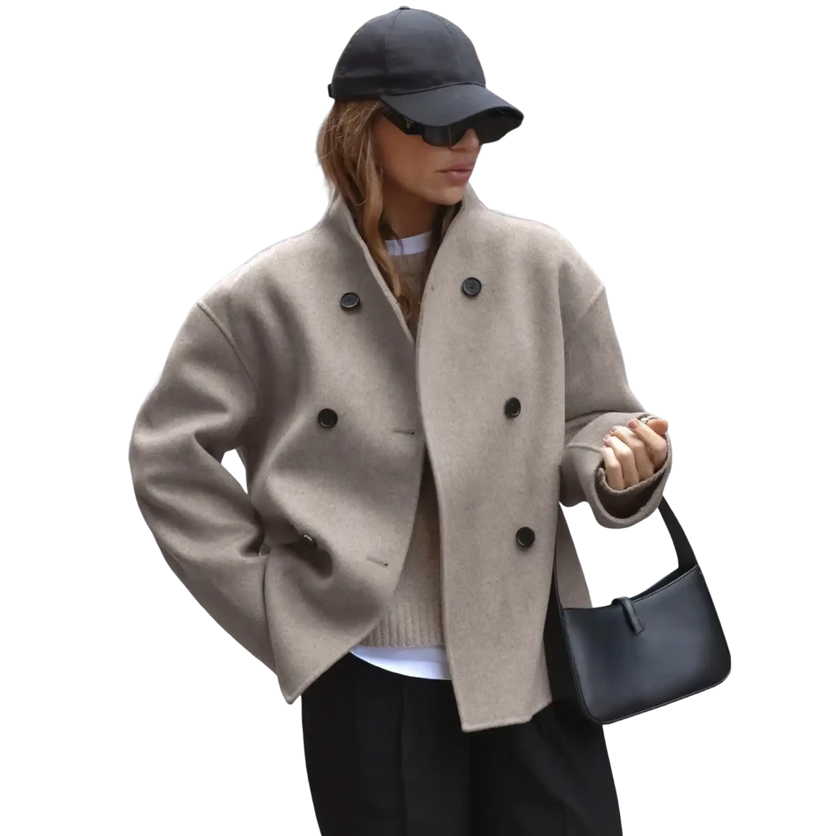 Beige wool women double breasted coat with black buttons, showcasing a classic and elegant outerwear design