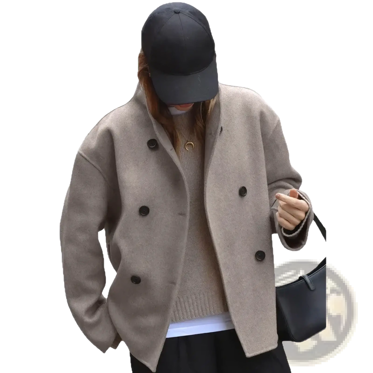 Beige women wool double breasted coat with black buttons showcasing elegant outerwear for cold weather