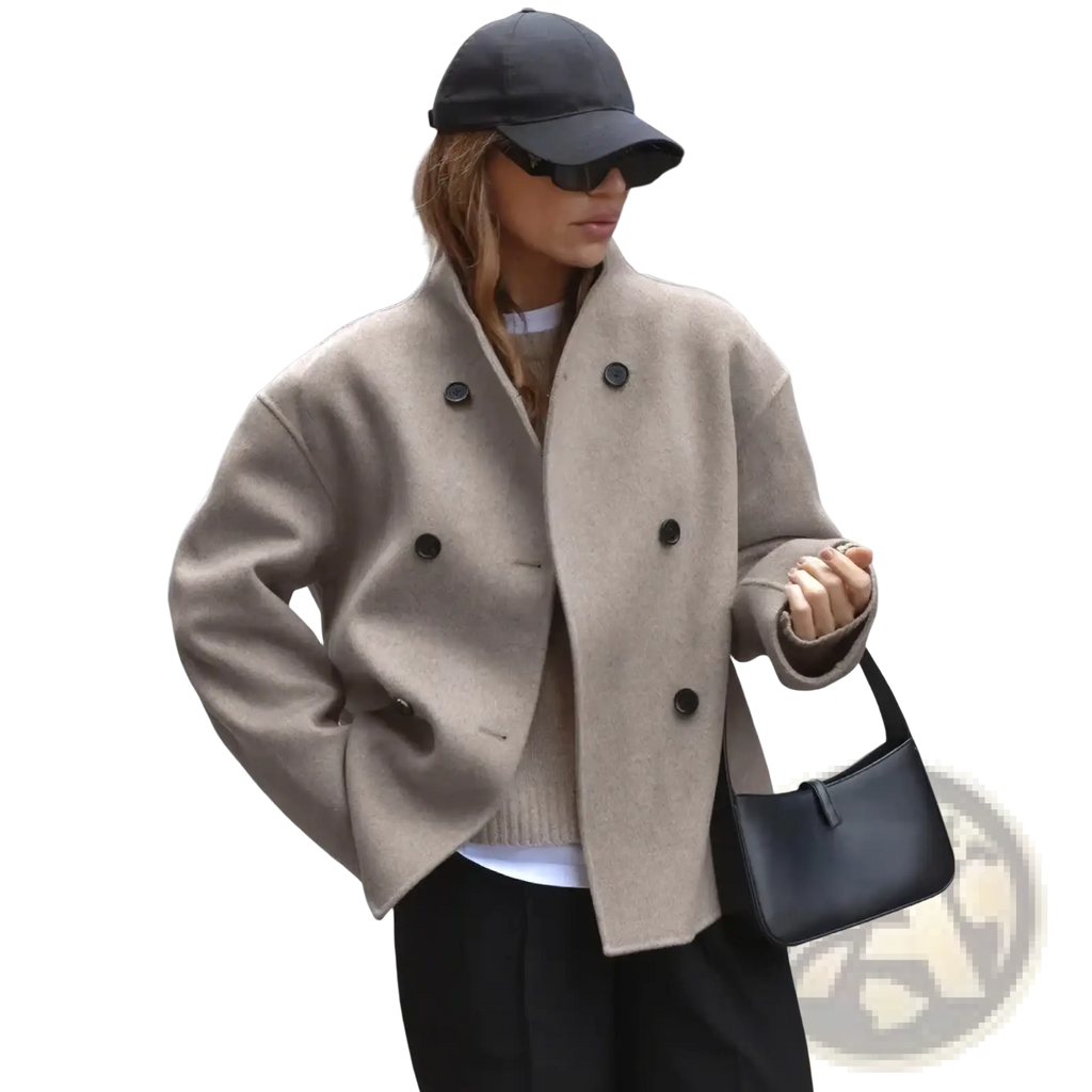 Beige wool women double breasted coat with black buttons, showcasing a classic and elegant outerwear design