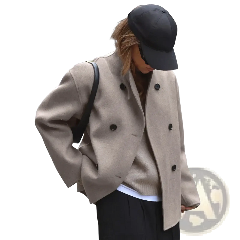 Beige women wool double breasted coat with black buttons featuring a classic tailored design