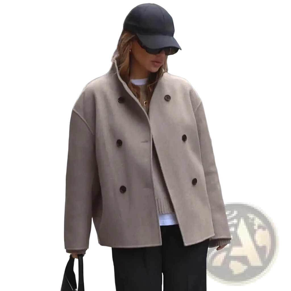 Beige women wool double breasted coat with dark brown buttons featuring a classic tailored design