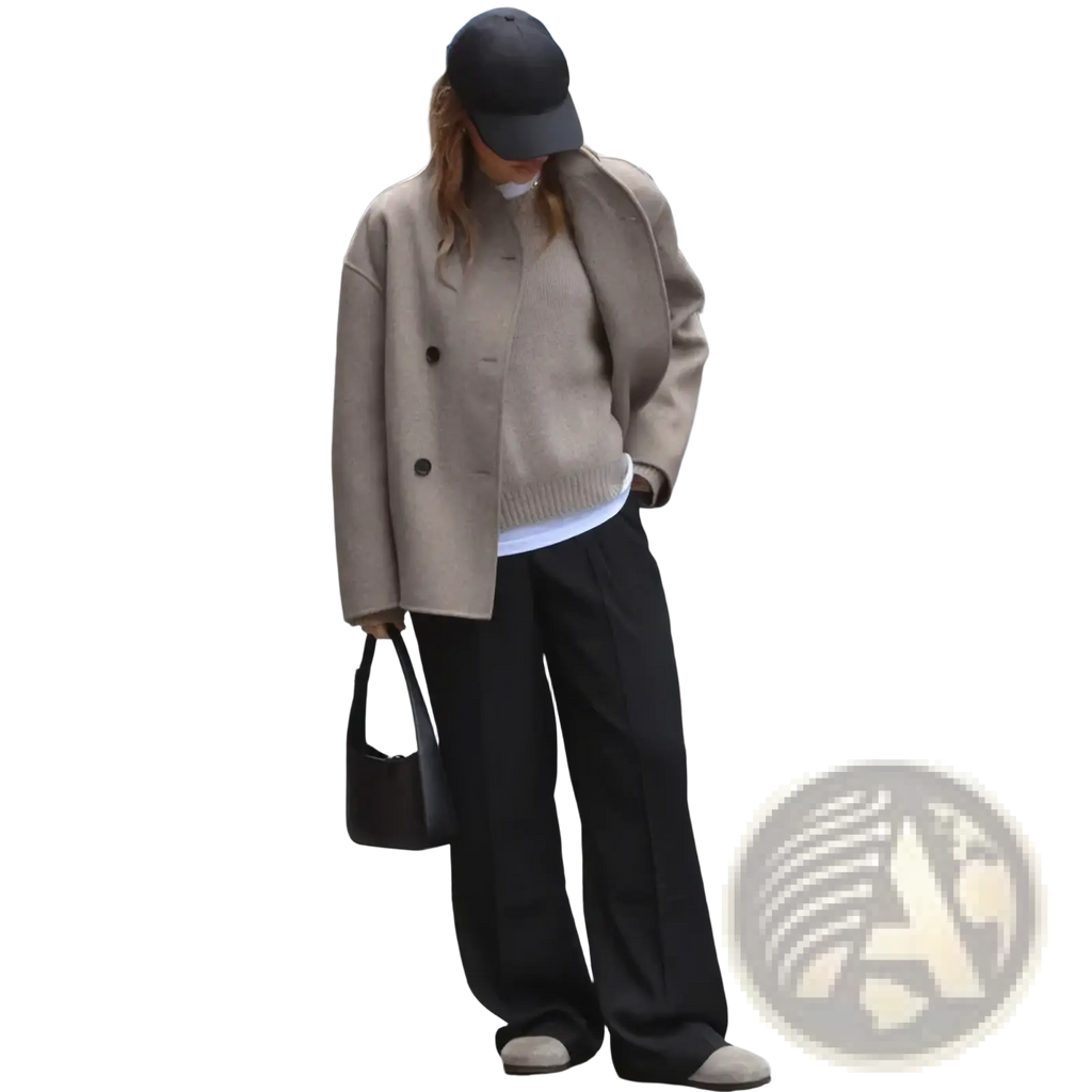 Black leather bucket bag with structured minimalist design paired with women wool double breasted coat