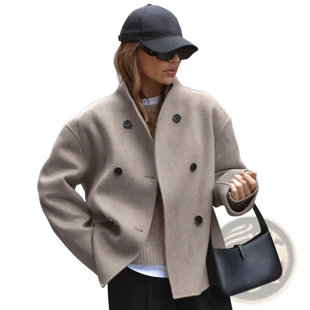 Beige wool women wool double breasted coat with black buttons featuring a classic double-breasted design