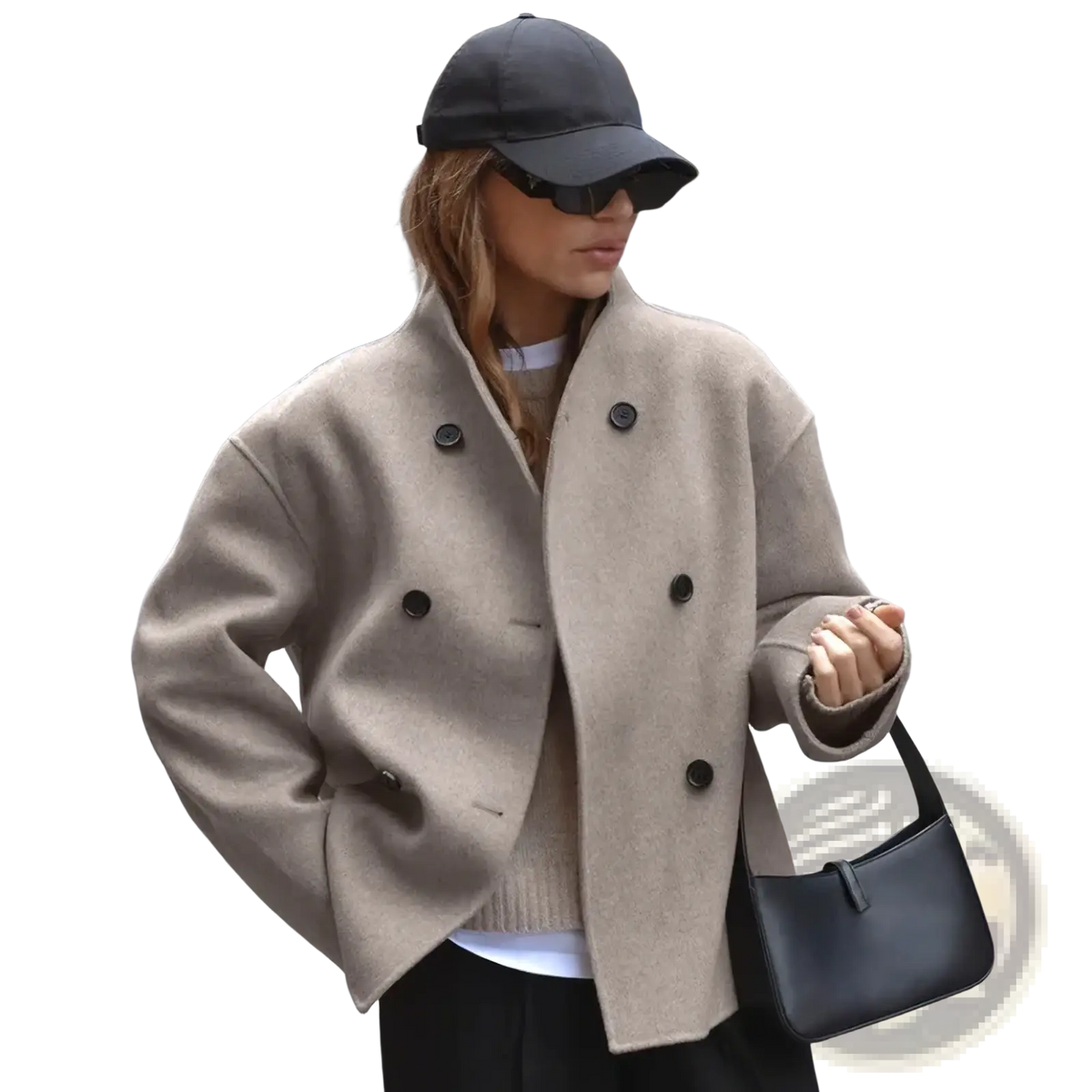 Beige wool women wool double breasted coat with black buttons featuring a classic double-breasted design