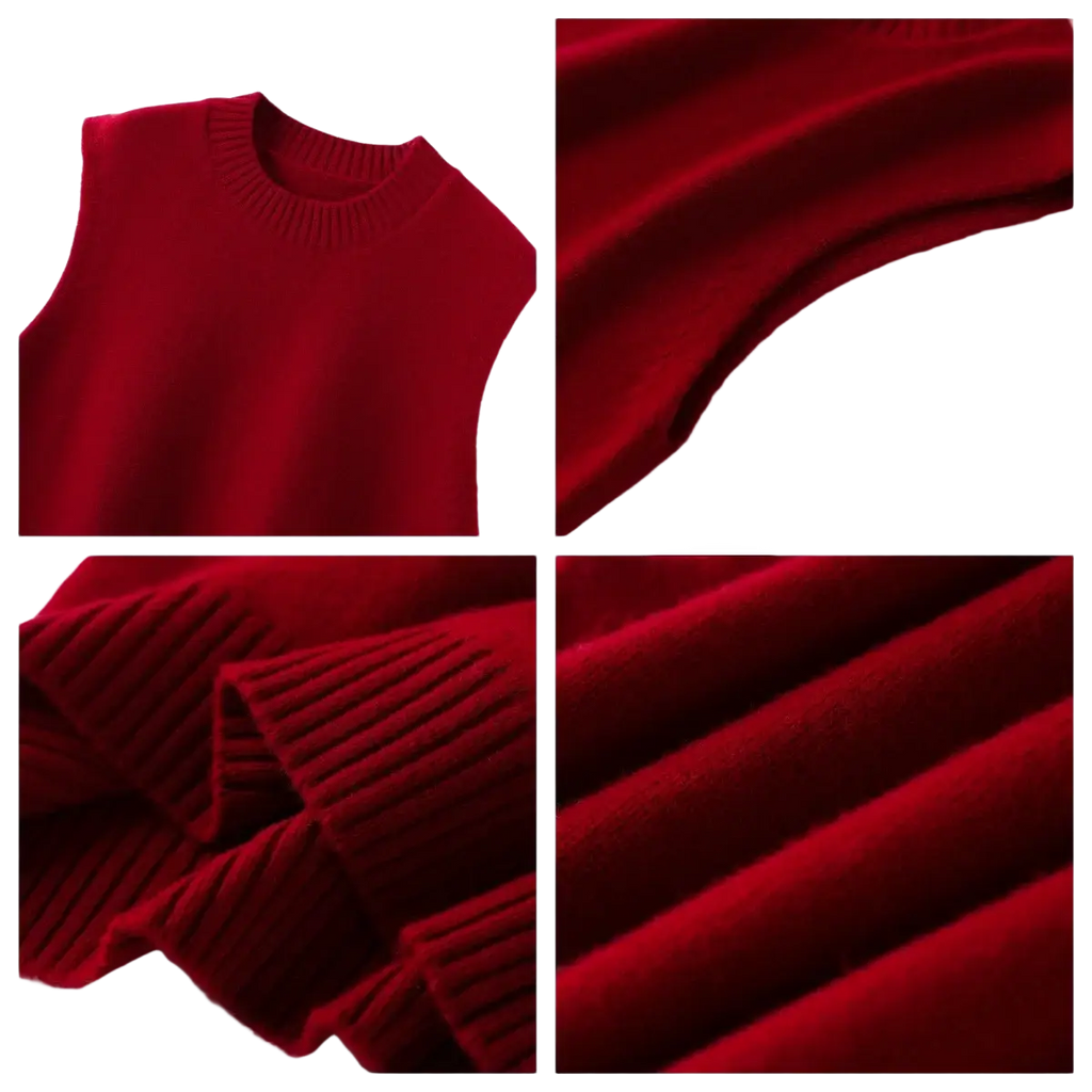 A rich crimson women wool knit sleeveless sweater with ribbed crew neck and cuffs for casual wear