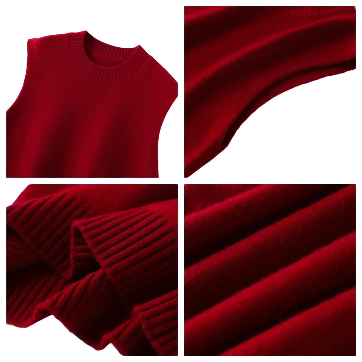 A rich crimson women wool knit sleeveless sweater with ribbed crew neck and cuffs for casual wear