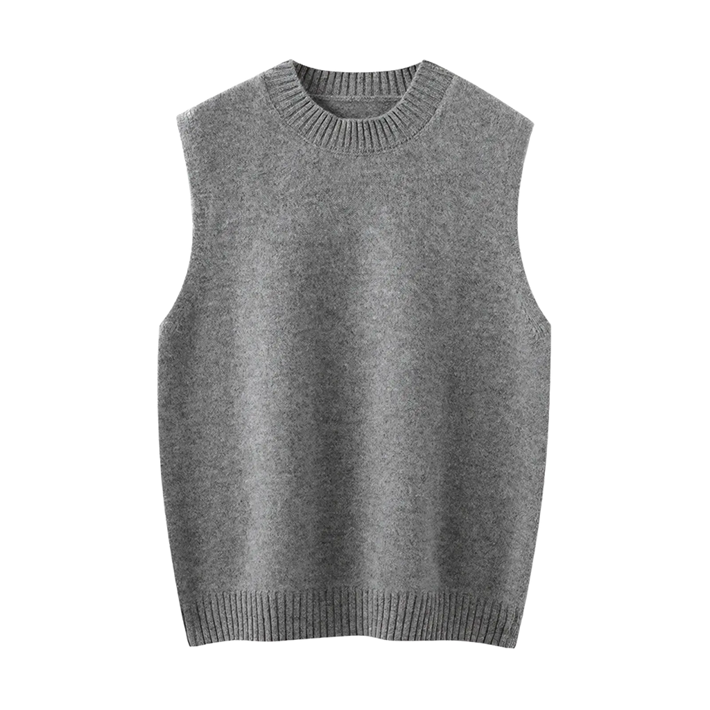Women wool knit vest crew neck casual sweater in soft heathered gray with ribbed neckline and hem