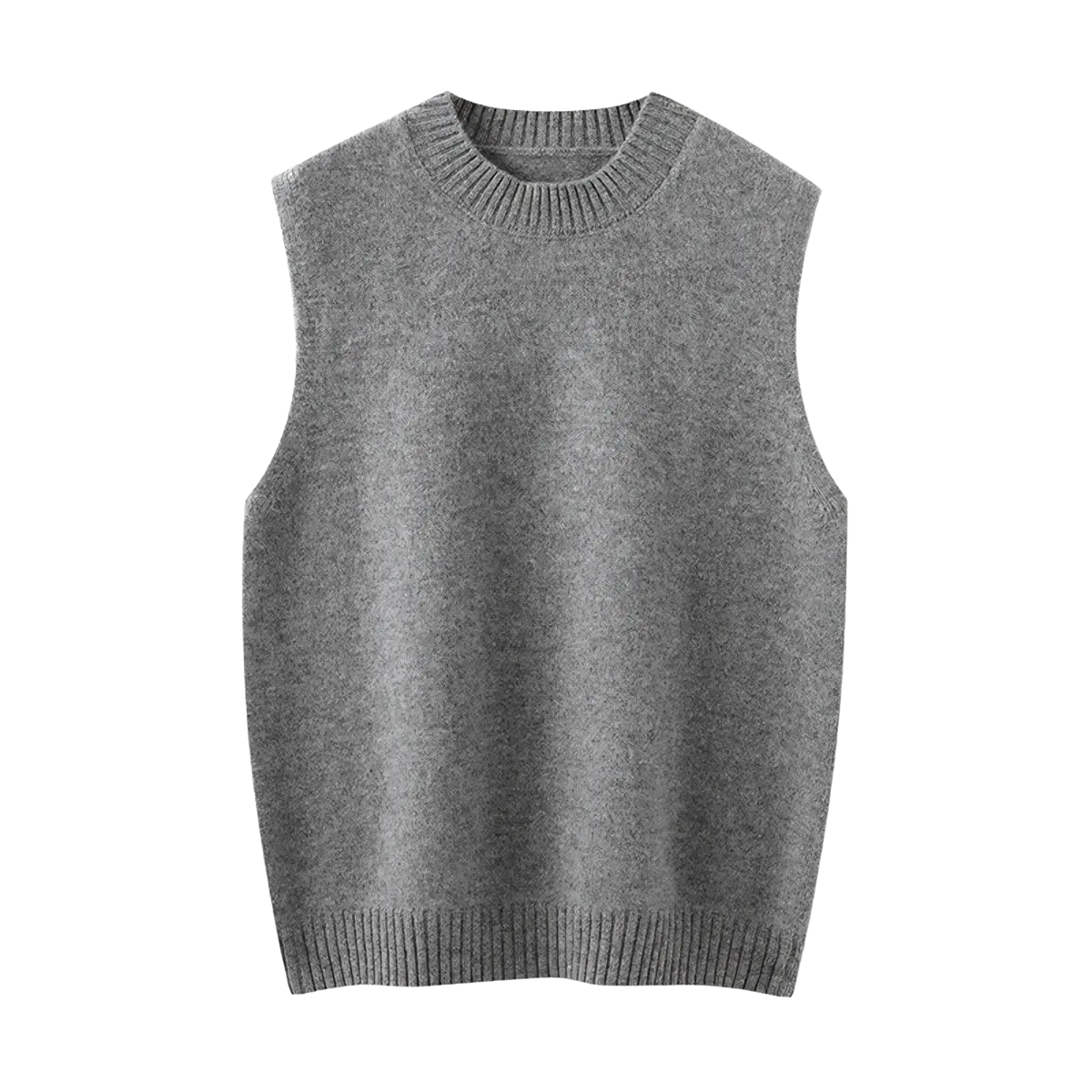 Women wool knit vest crew neck casual sweater in soft heathered gray with ribbed neckline and hem