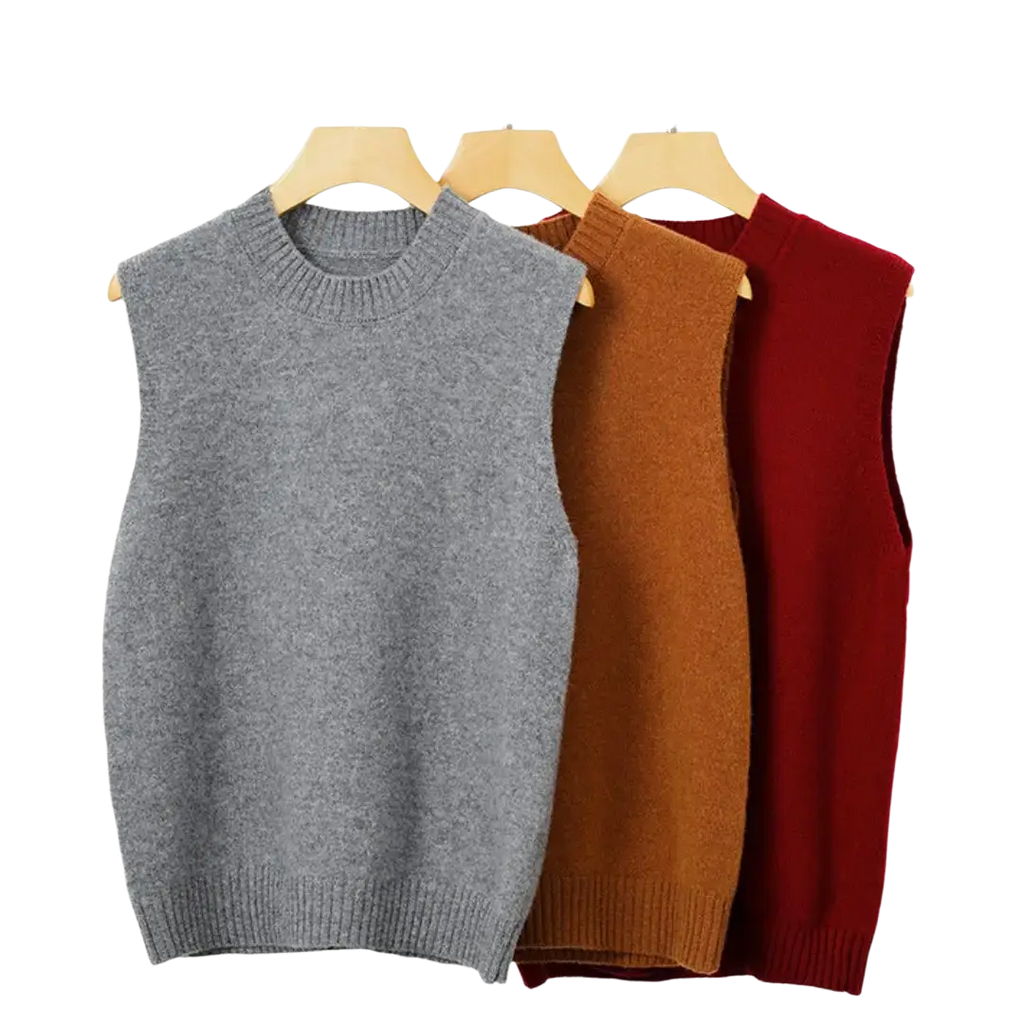 Three women wool knit sleeveless vests in gray camel and burgundy with crew neck for casual wear
