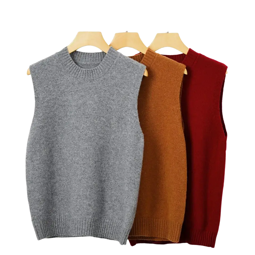 Three women wool knit sleeveless vests in gray camel and burgundy with crew neck for casual wear