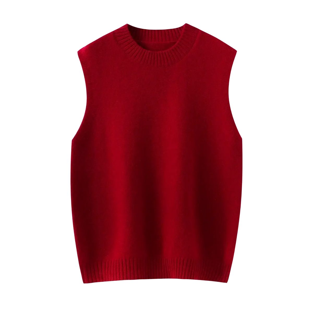 A vibrant red sleeveless wool knit vest with ribbed crew neckline and hem for casual women’s wear