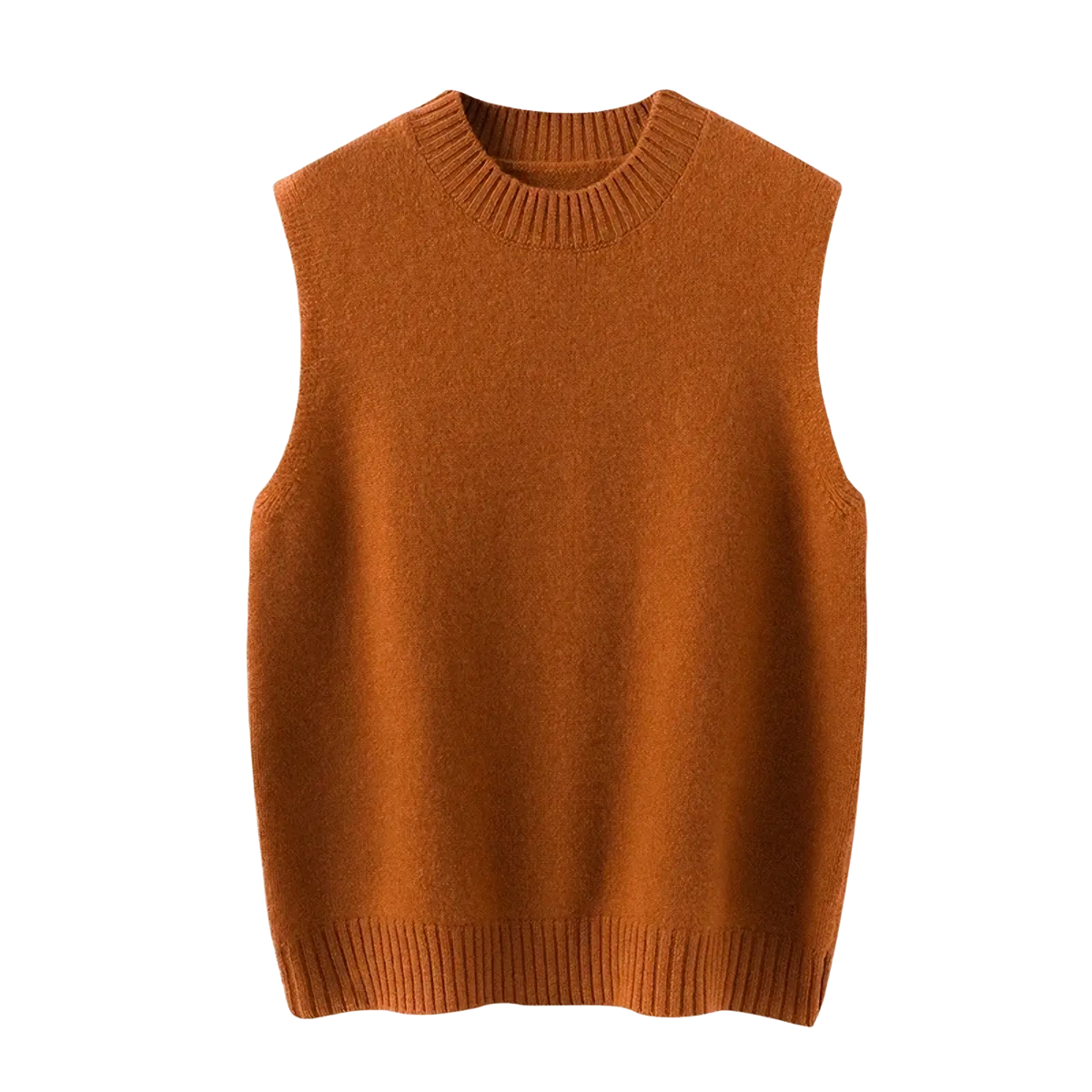 A warm rust-orange wool knit sleeveless sweater with ribbed crew neck and hem for casual women wear