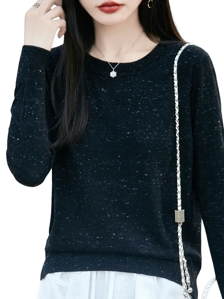 Black sparkly knit women wool pullover sweater with long sleeves round neckline and itch free fabric