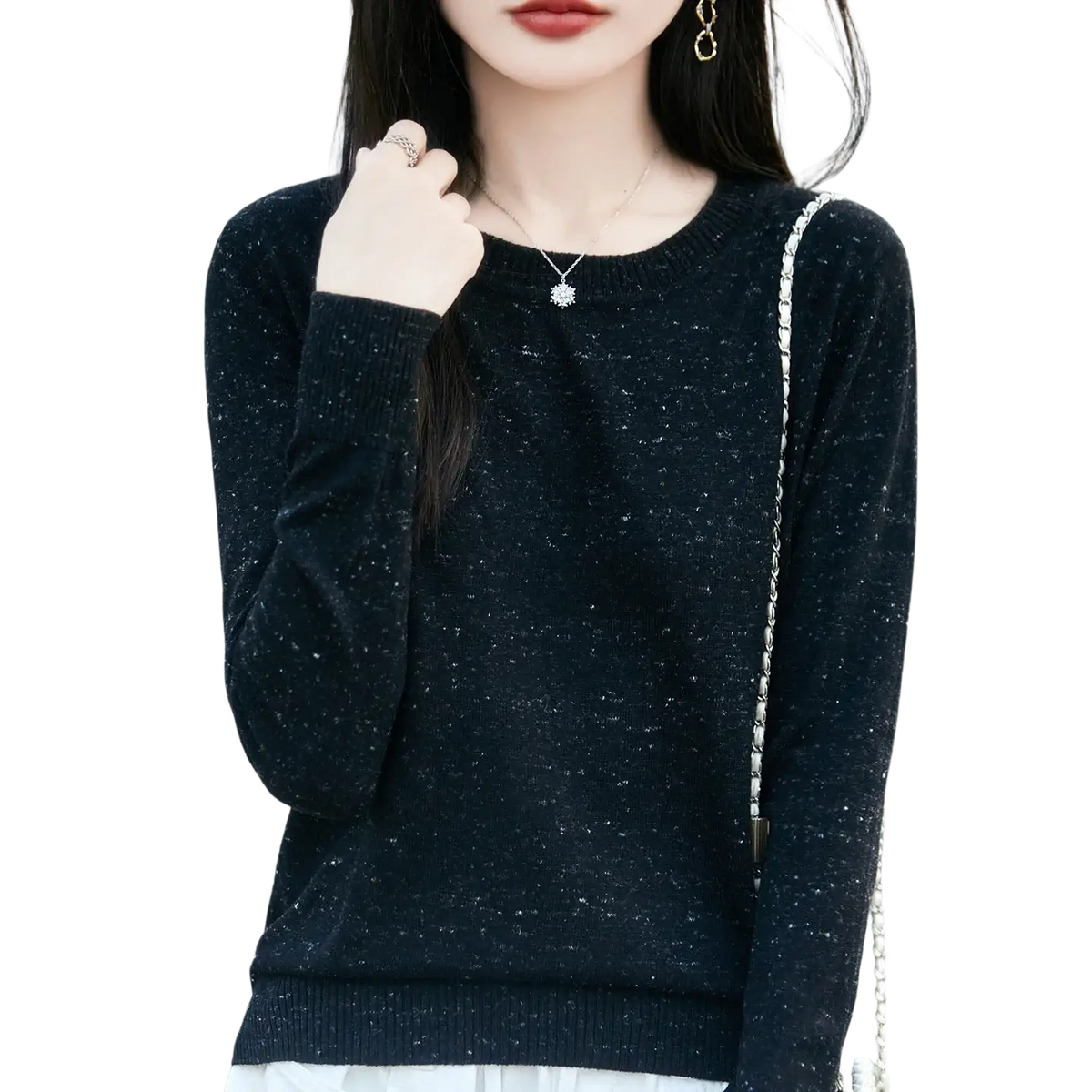 Black sparkly wool pullover sweater with round neckline and ribbed cuffs itch free knit top for women