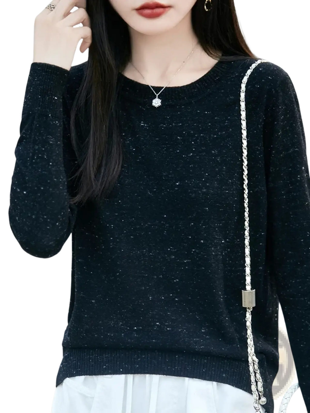 Black sparkly knit women wool pullover sweater with long sleeves round neckline and itch free fabric