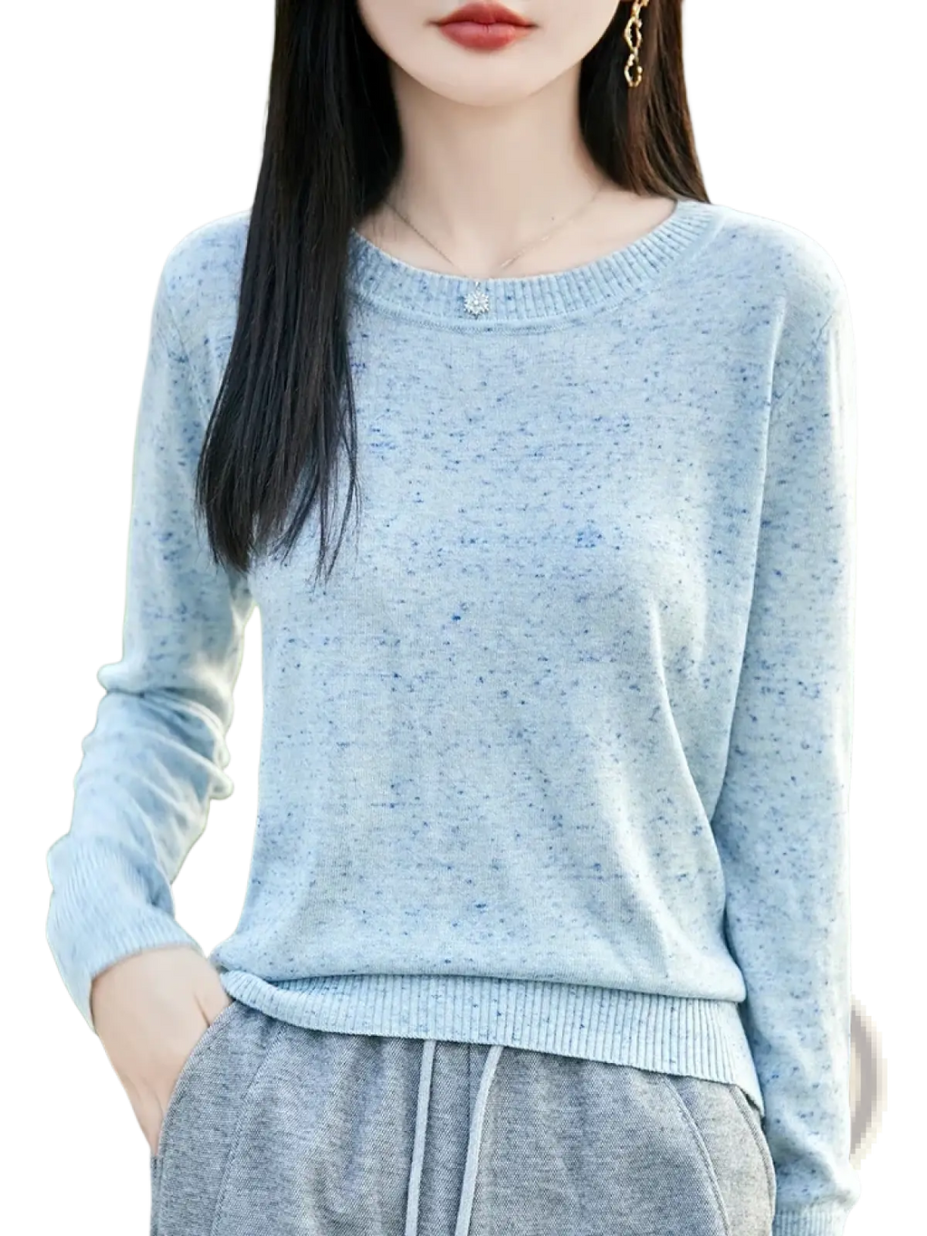 Women wool pullover sweater in light blue speckled knit with round neckline and ribbed cuffs, itch free and comfortable