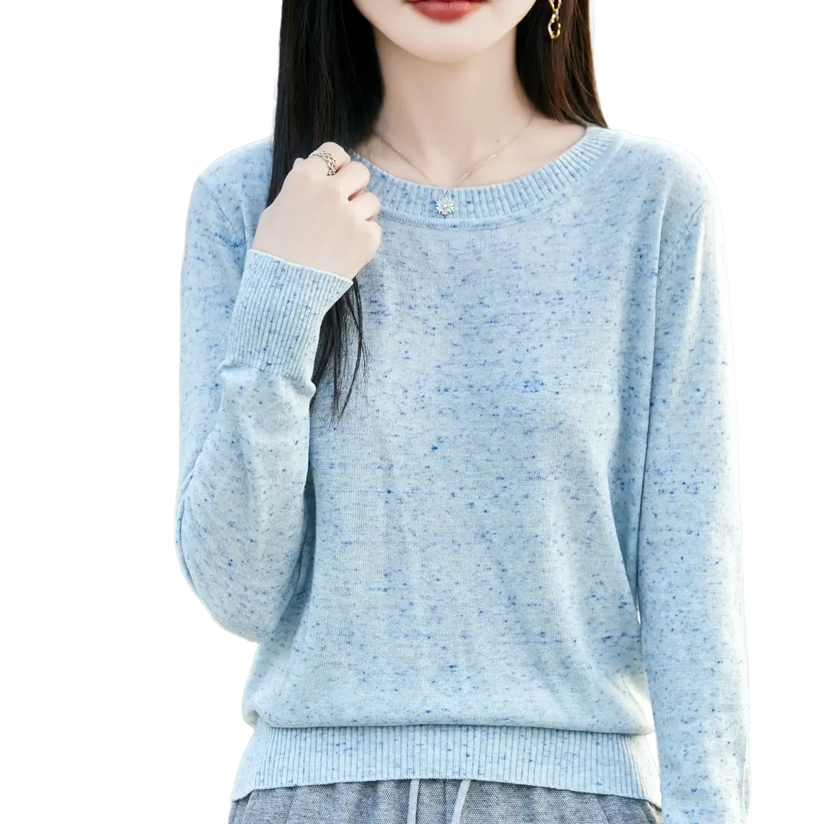 Light blue speckled women wool pullover sweater with round neckline and ribbed cuffs itch free knit top