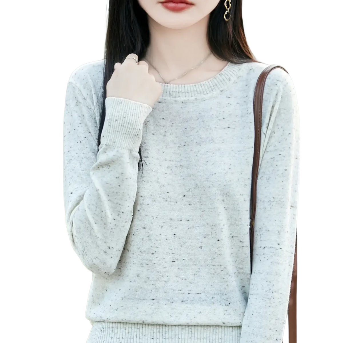 Light gray speckled women wool pullover sweater with itch free knit fabric and ribbed cuffs and neckline