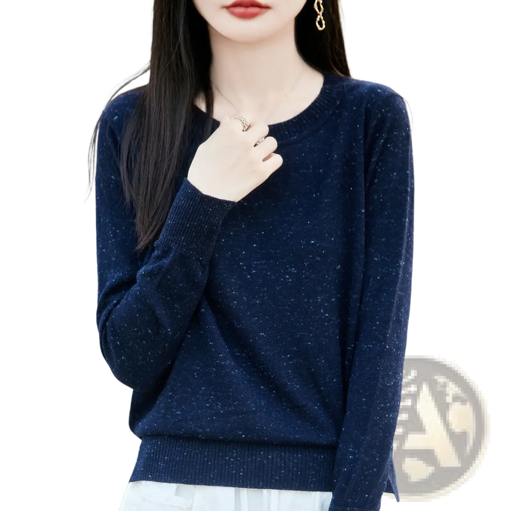 A navy blue sparkly wool women pullover sweater with long sleeves and a round neckline itch free knit top