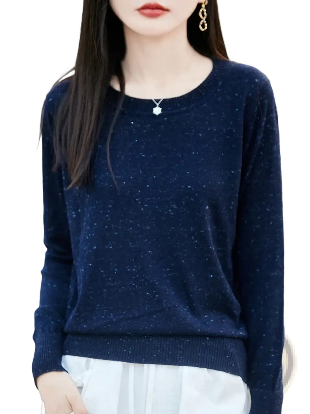 A navy blue sparkly wool pullover sweater with round neckline and ribbed cuffs women itch free knit top