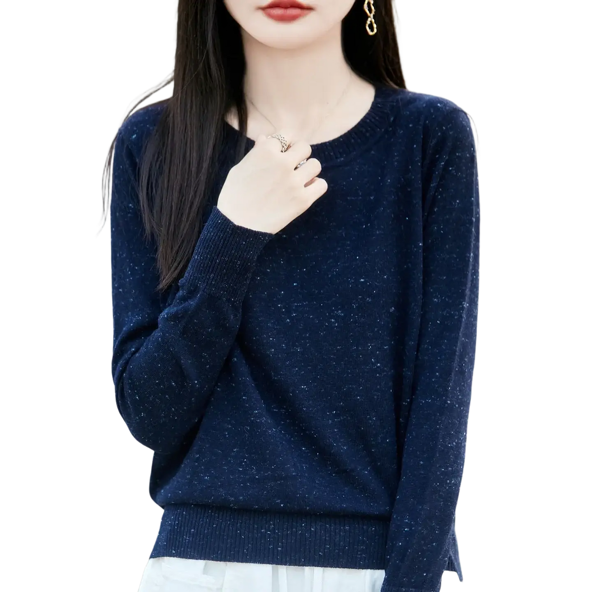 A navy blue sparkly wool women pullover sweater with long sleeves and a round neckline itch free knit top
