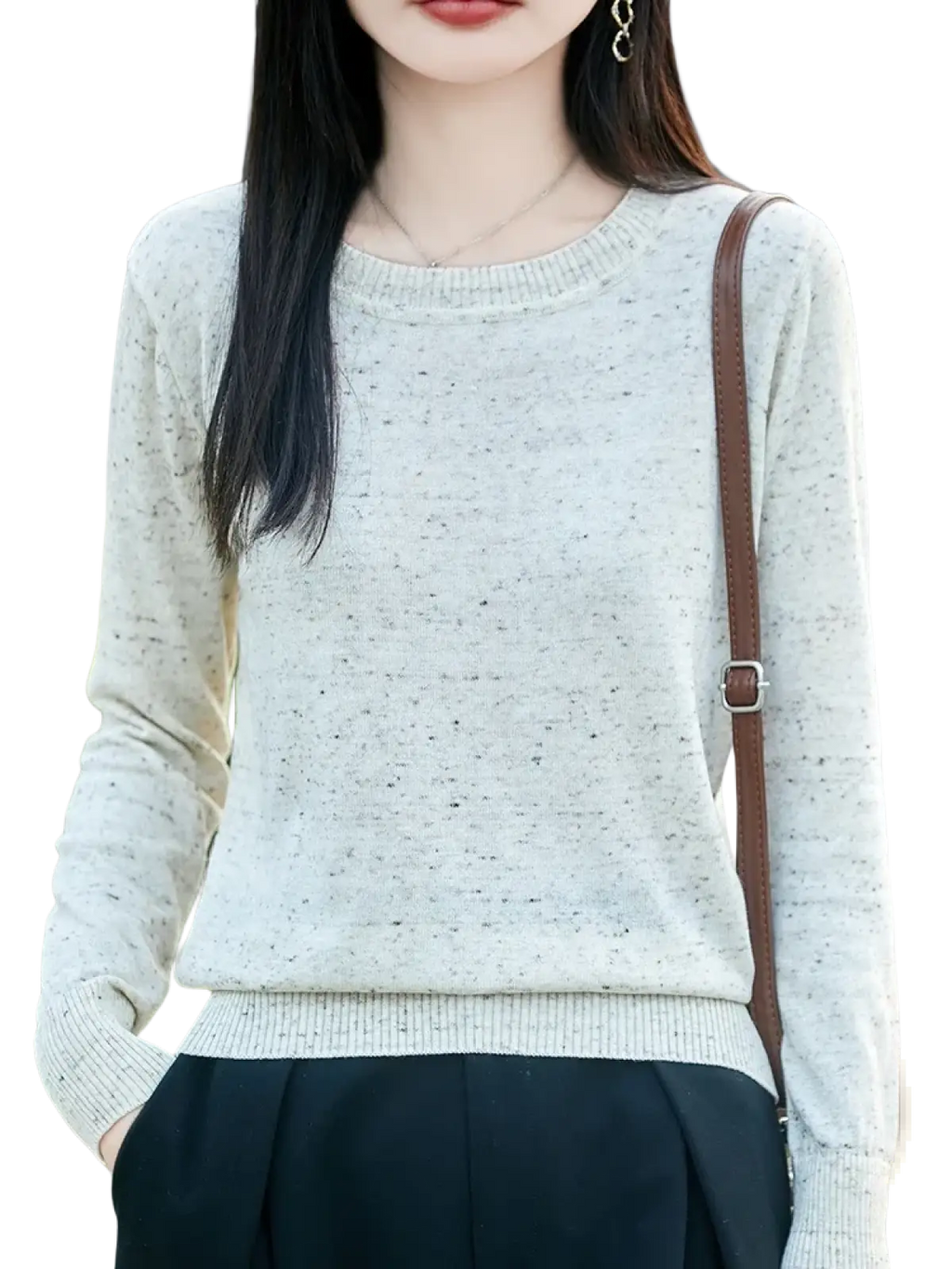 Women wool pullover sweater in soft light gray speckled knit with round neckline and ribbed cuffs itch free design