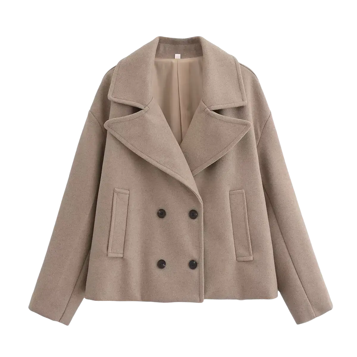 Beige wool women short double-breasted coat with dark brown buttons and flap pockets for stylish outerwear