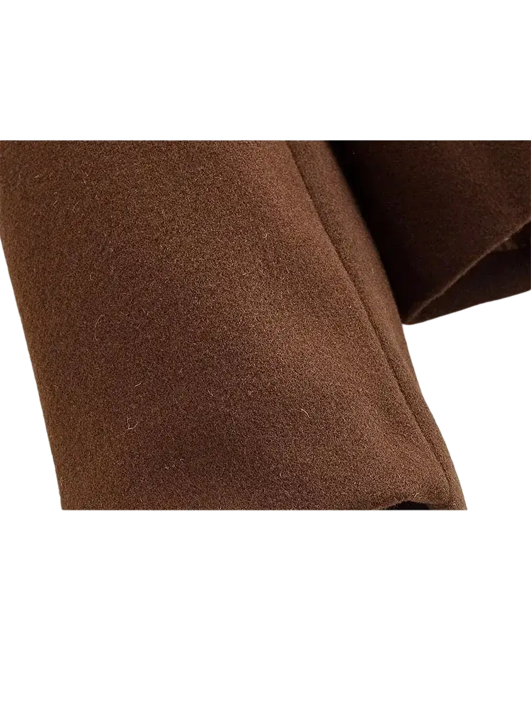 Brown wool short coat fabric with soft textured surface for women double breasted jacket material close-up