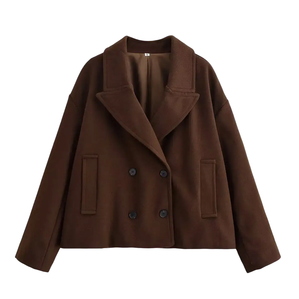 A cozy brown wool women short coat with a double-breasted front, classic collar, and front pockets