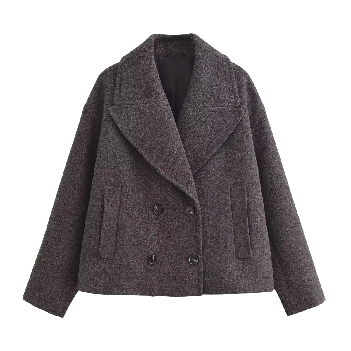 Dark gray wool short coat for women with double-breasted front, notched collar, and two front pockets