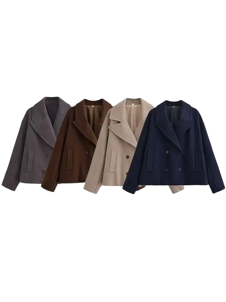 Women wool short coat double breasted jackets in gray brown beige and navy blue made of wool material