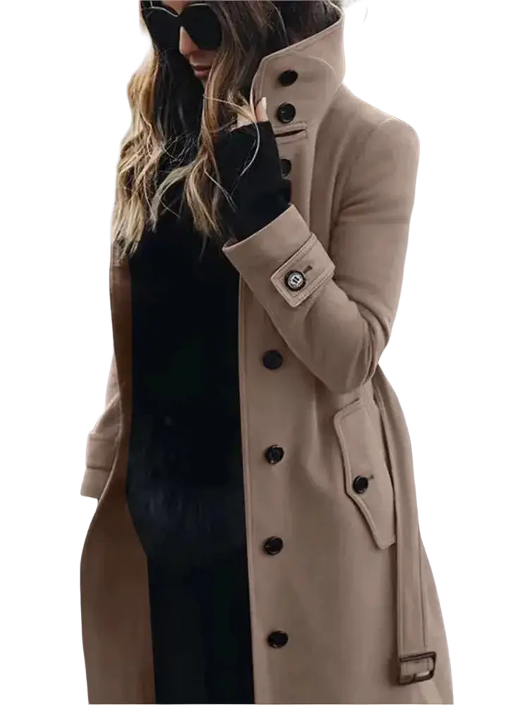 Beige wool trench coat with black buttons and belted waist designed for women winter outerwear