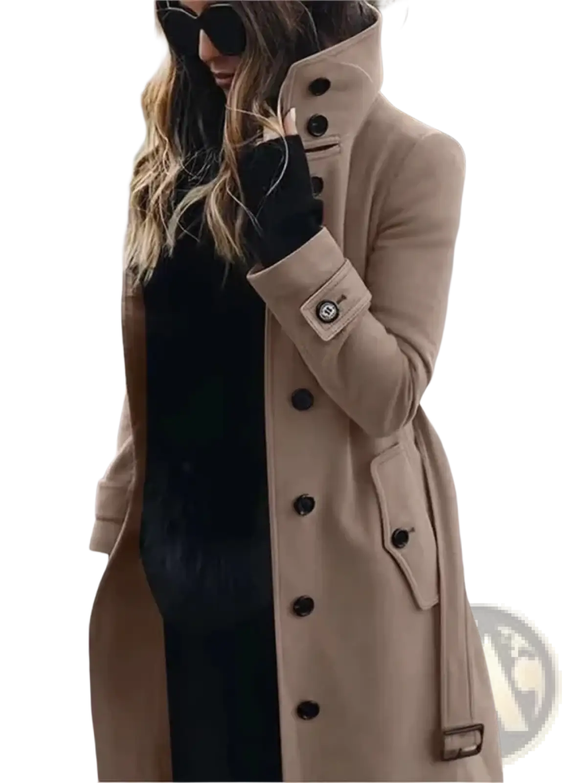 Beige wool trench coat with black buttons and belted waist designed for women winter outerwear