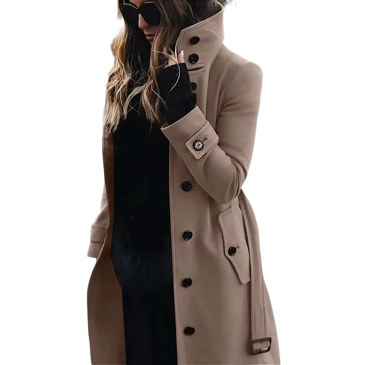Beige woolen women trench coat with black buttons and belted waist ideal for winter outerwear