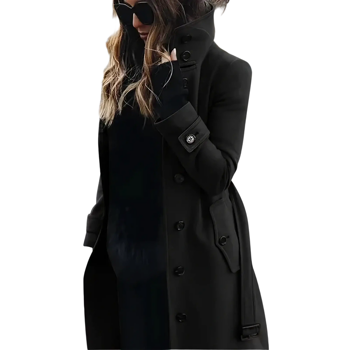 Black double-breasted wool trench coat for women with buttoned cuffs and belted waist winter outerwear