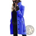 Vibrant cobalt blue women wool trench coat with black buttons and structured collar winter outerwear product