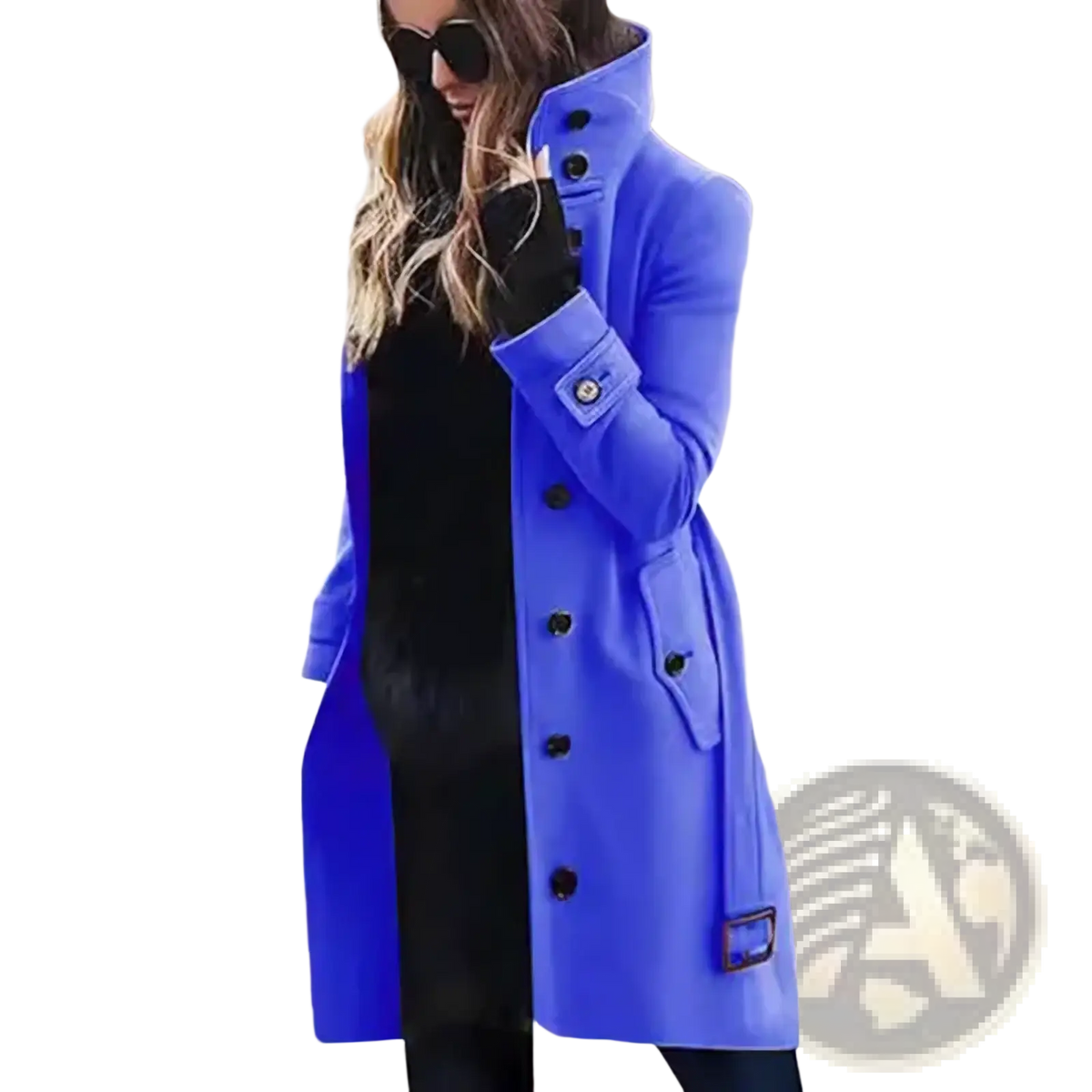 Vibrant cobalt blue women wool trench coat with black buttons and structured collar winter outerwear product