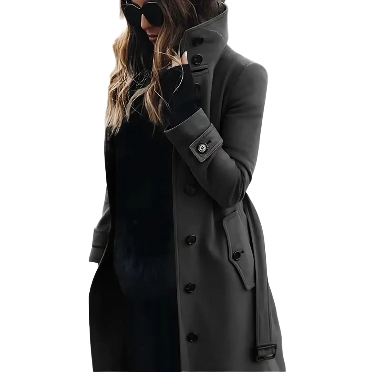 Women wool trench coat winter outerwear dark gray double-breasted wool coat with black buttons and belted waist