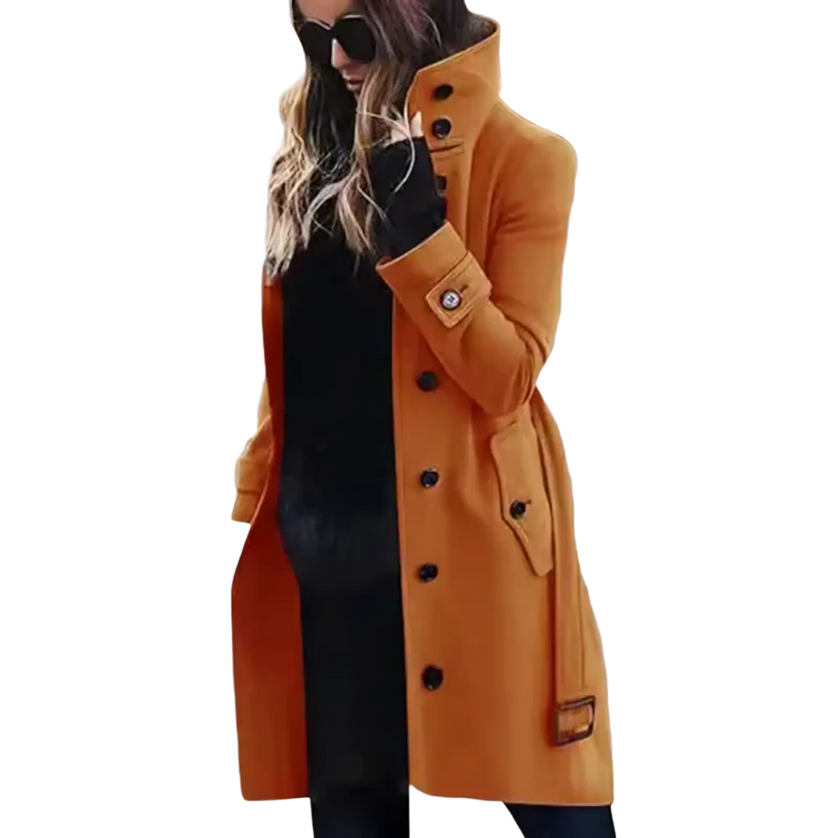 A stylish mustard-yellow wool trench coat with black buttons and a double-breasted design for winter outerwear