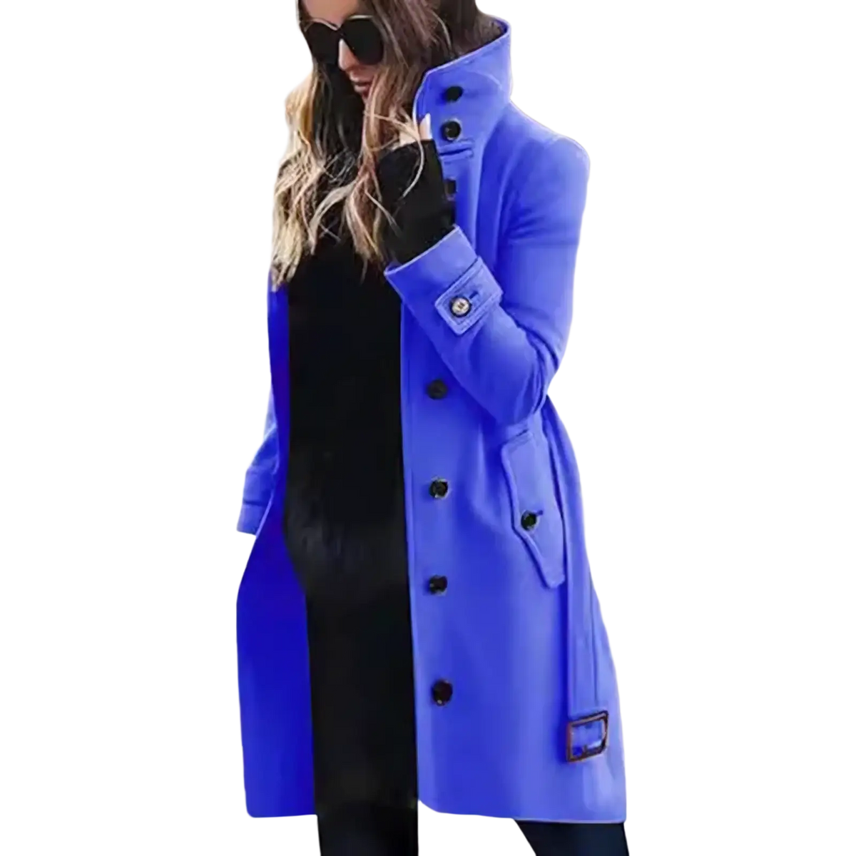 Vibrant cobalt blue women wool trench coat with black buttons and structured collar winter outerwear product